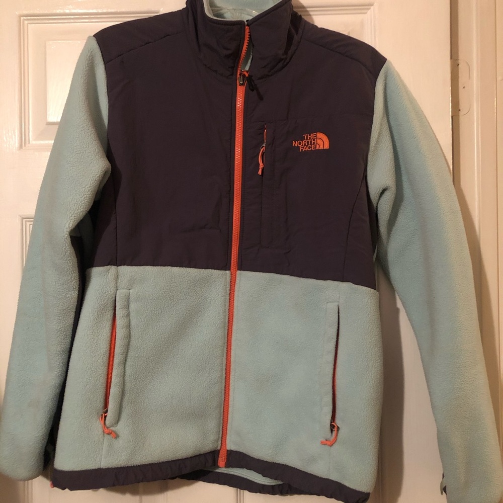Aqua, gray and orange Northface fleece